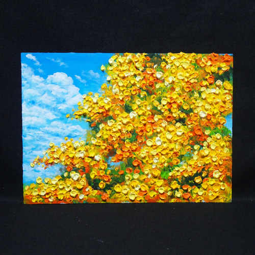 「光のトンネルを抜けて」ミモザの油絵 原画 色紙サイズ 額装付 幸福の黄色 一点物】【原画】幸せを運ぶミモザ並木：光のトンネルを抜けて（油彩画