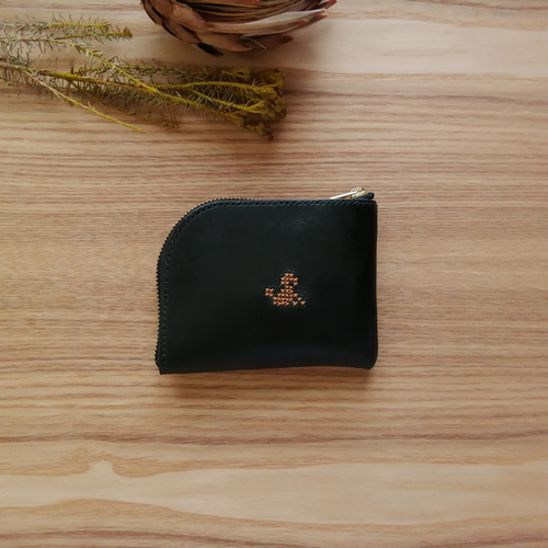 トイプードル 刺繍入り L字 ウォレット 財布 レザー 本革 黒 ブラック