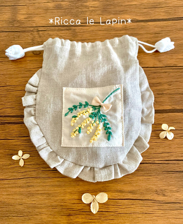 ミモザのフリル巾着【リネン】 3枚目の画像