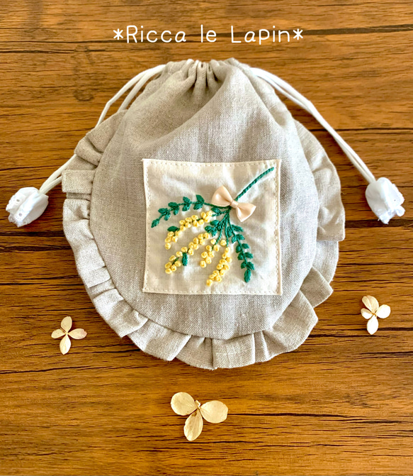 ミモザのフリル巾着【リネン】 2枚目の画像