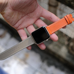【特別価格】時計ベルト 　AppleWatchベルト　レザーバンド　革　　フランス産エプソンレザー グレーxオレンジ 1枚目の画像