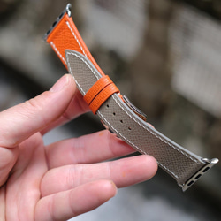 【特別価格】時計ベルト 　AppleWatchベルト　レザーバンド　革　　フランス産エプソンレザー グレーxオレンジ 3枚目の画像