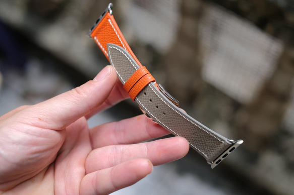 【特別価格】時計ベルト 　AppleWatchベルト　レザーバンド　革　　フランス産エプソンレザー グレーxオレンジ 3枚目の画像