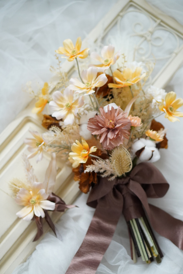 優しいコスモスブーケ ブートニアセット ウェディングブーケ ブーケ  