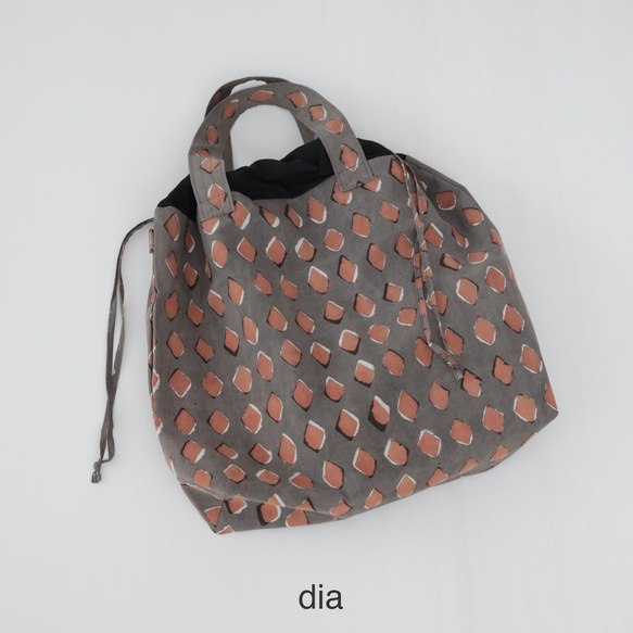 Hand block print kinchaku bag /sankaku・dia・indigocheck 6枚目の画像