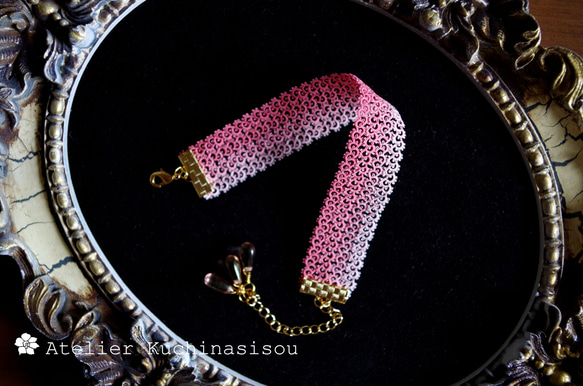 【訂做】【手染】梭織蕾絲捷克珠手鍊&lt;粉紅珊瑚&gt; 第5張的照片