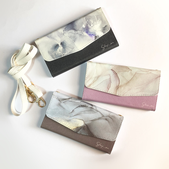 スマホショルダー　ストラップ付き手帳型スマホケース　アルコールインクアート【稲妻】 11枚目の画像