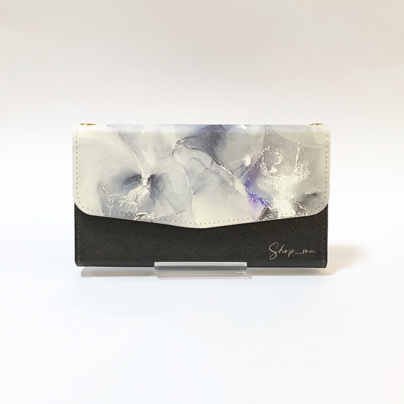 スマホショルダー　ストラップ付き手帳型スマホケース　アルコールインクアート【稲妻】 1枚目の画像