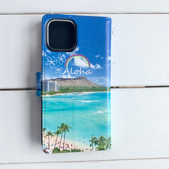 ワイキキビーチの写真 ダイヤモンドヘッド 手帳型iphoneケース ハワイアンブックタイプケース 交通系カード入れ 3枚目の画像