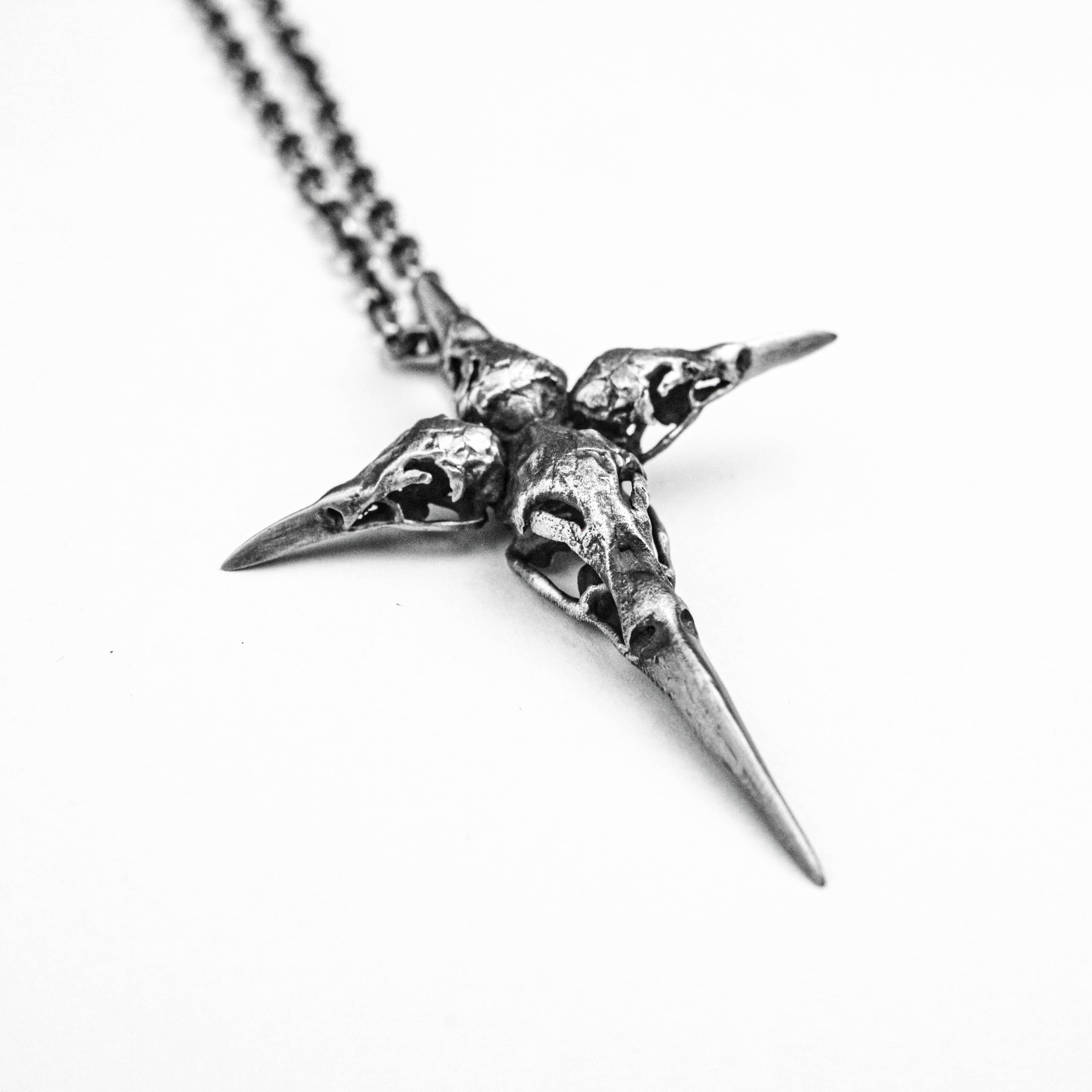クロス 925 スターリング シルバー ペンダント、レイヴン スカル ペンダント、動物の鳥のペンダント - 手作り