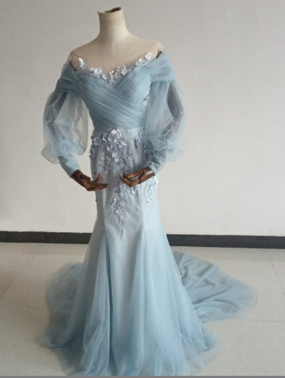 高品質！ ウエディングドレス オフショルダー 短トレーン ふわふわ袖  