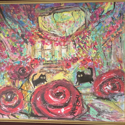 原画【夜はバラの花でロマンチックで宮殿でデートする黒猫2匹】