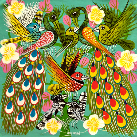 アフリカ絵画『 Peacocks and birds 2 』ティンガティンガ by