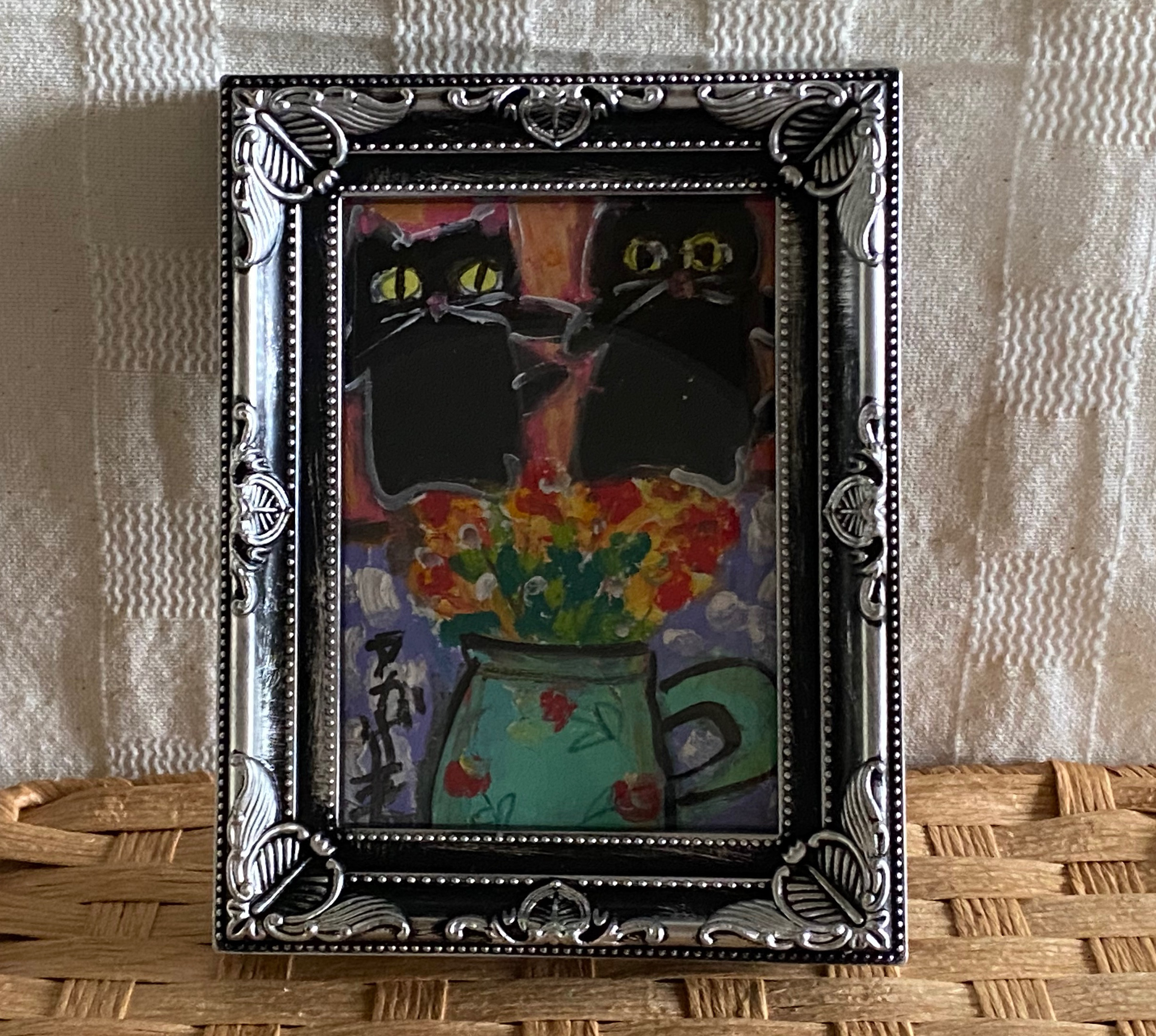 絵画。原画手描き【2匹の黒猫の愛の魔力を乗せて咲いた美しい花】
