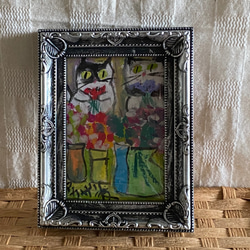 絵画。原画手描き【きれいな花を花瓶に入れたかわいい2匹の猫】 3枚目の画像