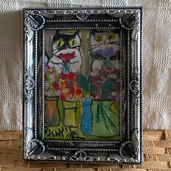 絵画。原画【手の中の紫色のアサガオ、かわいい黒猫とウサギ