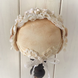 ドール用染め花のヘッドドレス（MLフリー・アンティークホワイト) 2枚目の画像