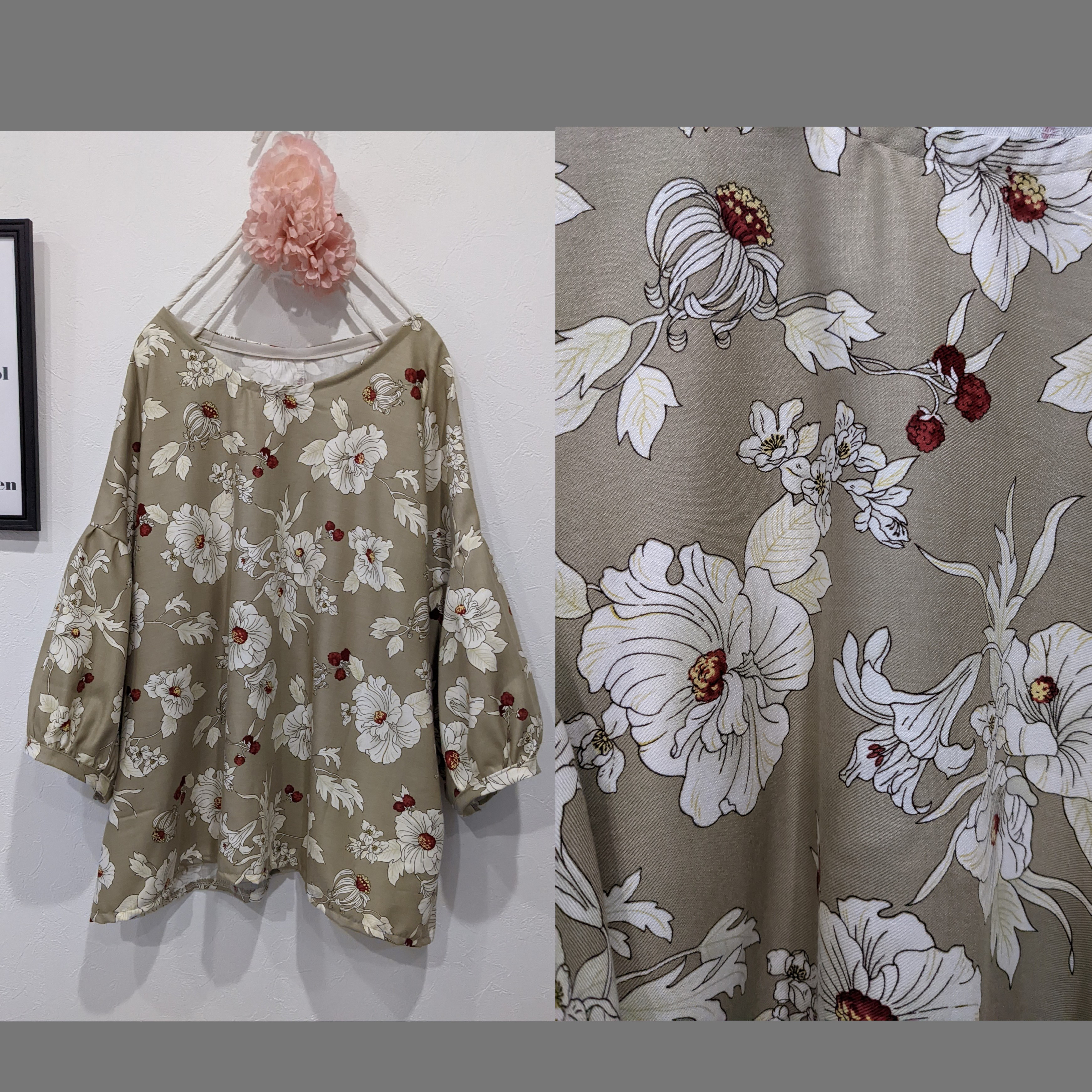 ♡英国風花柄のパフ袖ブラウス　ベージュ♡