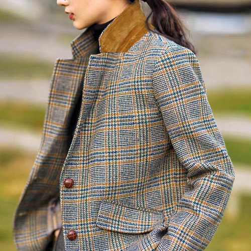英国スタイルツイードチェック柄 ウール混ジャケット ポケット付き【春