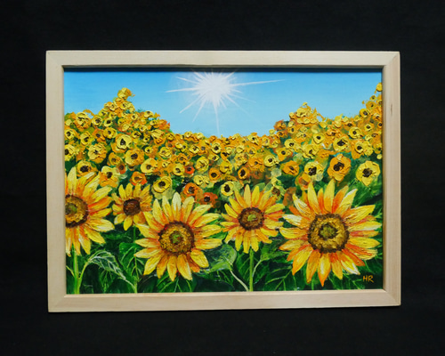 手書き油絵 ひまわり畑 額付 絵画 インテリア 油彩画 手書き油絵 ひまわり畑 額付 絵画 インテリア 油彩画