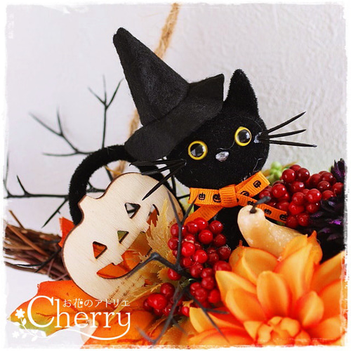 ハロウィンリース　フラワーリース　黒猫さん　ハンドメイド ハロウィン】限定1個・可愛い黒猫さんのゴンドラリース