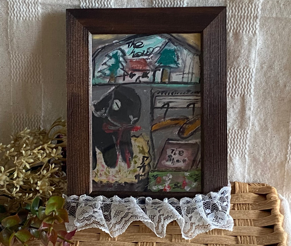 絵画。壁掛け原画【ピアノ部屋で音楽を聴くのが好きなかわいい黒猫】 絵画 | イラストポスター 348 ☆ 【黒猫は青い首輪をつけている