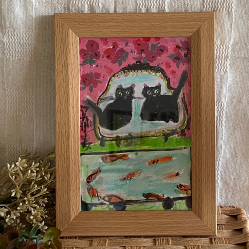 絵画 人気の絵『金魚 眼鏡』猫 壁掛け インテリア アート 油絵