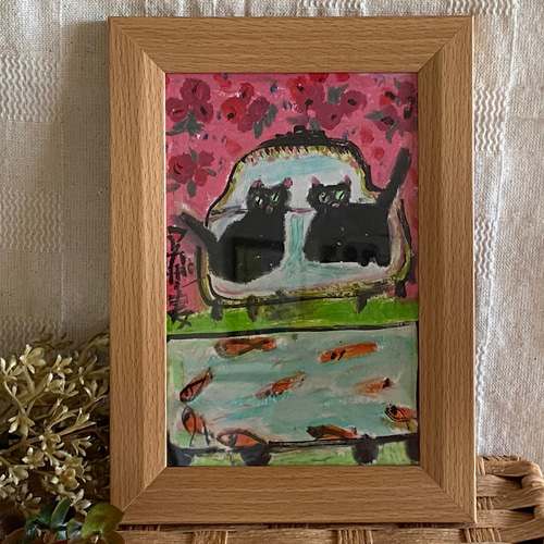 印象のデザイン 絵画。原画手描き【水槽の中のかわいい金魚とソファーでデートし 絵画