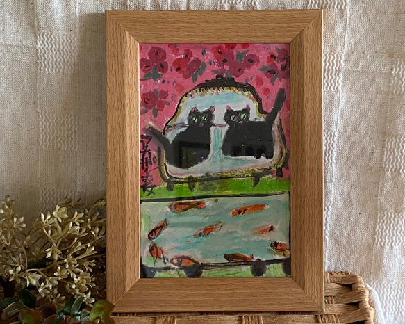 絵画。原画手描き【水槽の中のかわいい金魚とソファーでデートし