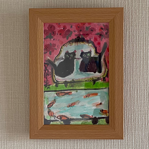 特別価格☆【原画】『夏の終わりの使者』（黒猫 金魚 絵画