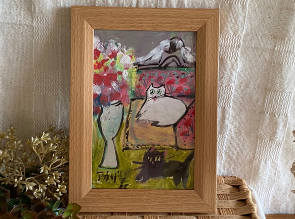 絵画 。手描き【かわいい猫たちが花、ワイン、果物のテーブルを囲んでいる】 絵画 手描き【かわいい猫たちが花 ワイン 果物のテーブルを囲ん