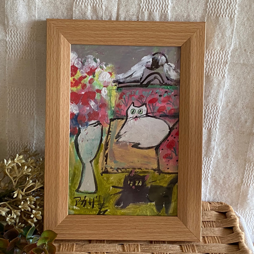 絵画 。手描き【花と食べ物でいっぱいのレストラン、猫たちの楽しいデートと遊び】 絵画 | イラストポスター 454☆ 【猫ときれいな花】 絵画 アカザ