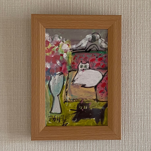グランドホールセール 絵画。壁掛け原画手描き【白猫と黒猫の屋外ワインロマンチックな 絵画+タペストリー