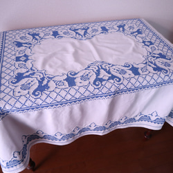 フランスの手仕事/フォークロアなお花の白抜き手刺繍 大判サイズのテーブルクロス　(ヴィンテージ シャビーシック） 4枚目の画像