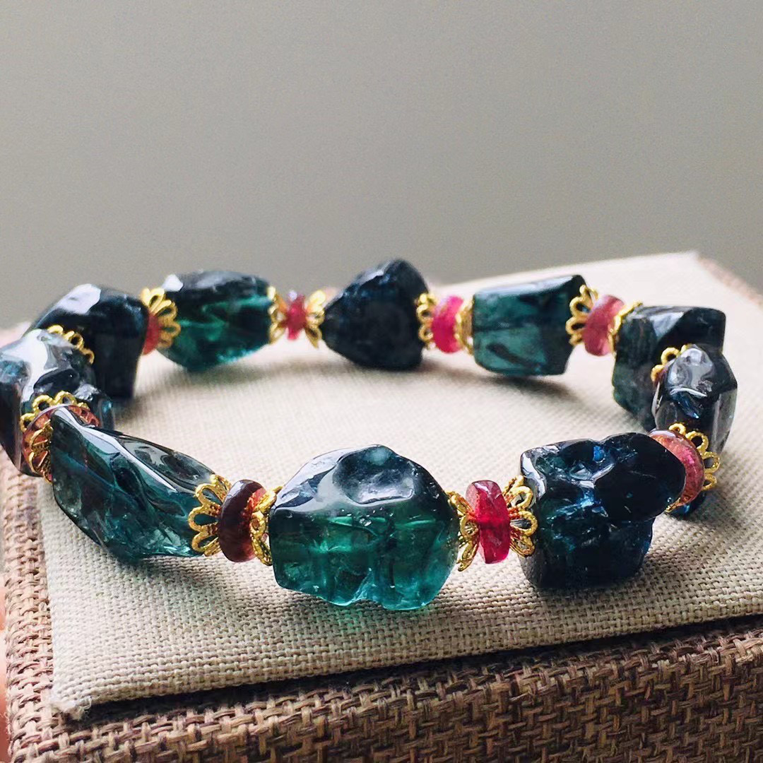 イギリス発送　トップグレード　天然 インディゴライト原石ブレスレット ルベライト　一期一会