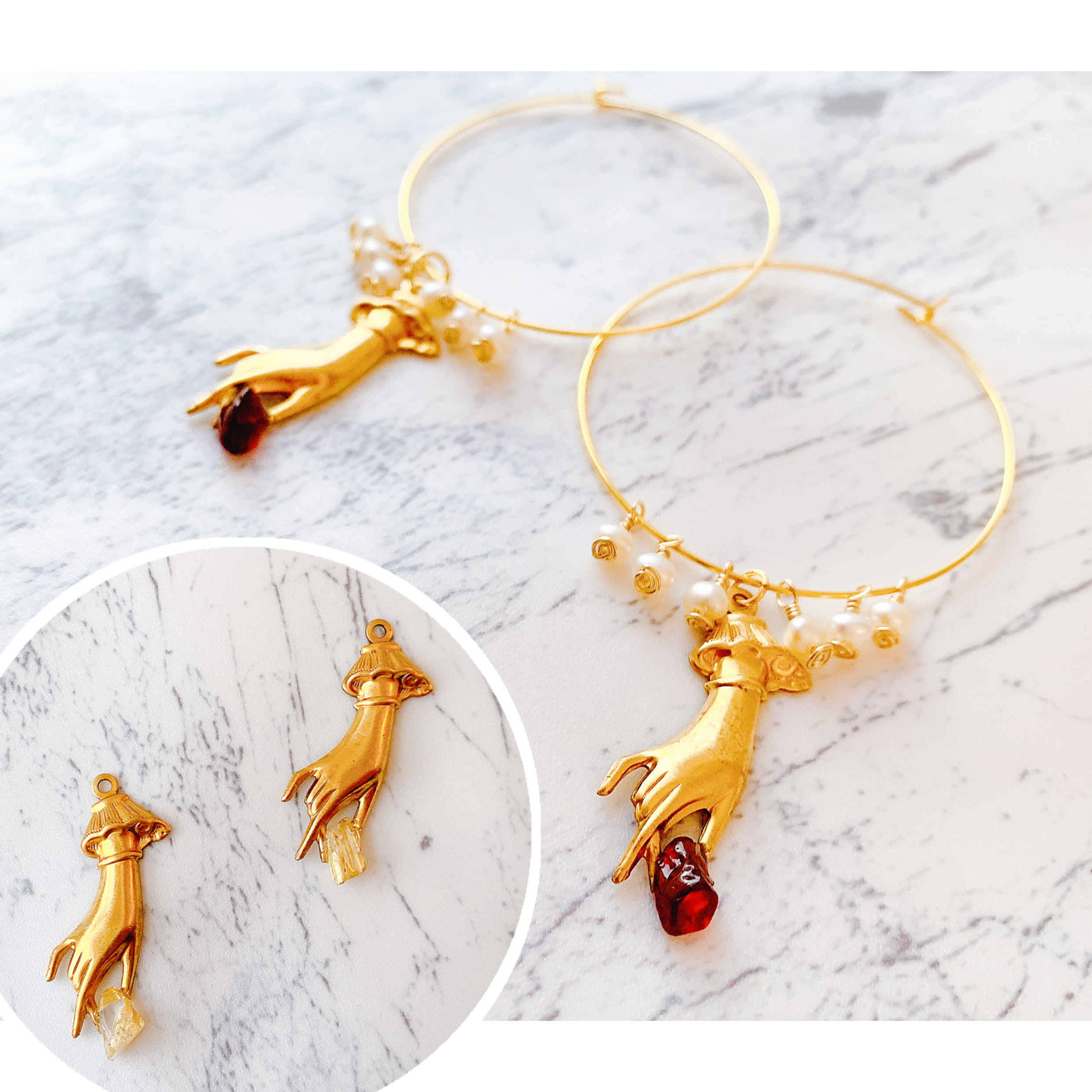 《 宝石あつめ フープピアス 》ルチルクォーツ & ガーネット 14KGF