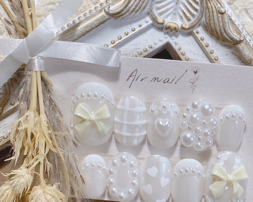 74))ミラーネイル フレンチガーリー ネイルチップ リボン ホワイトネイル ネイルチップ フレンチガーリー ホワイトミラー リボン 艶 ホワイト