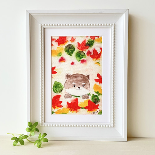 透明水彩画 A4ポスター「豆柴くんのもみじ狩り」イラスト アート