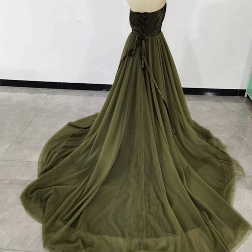 美品！深めな緑 カラードレス ソフトチュール ベアトップ ビスチェ  
