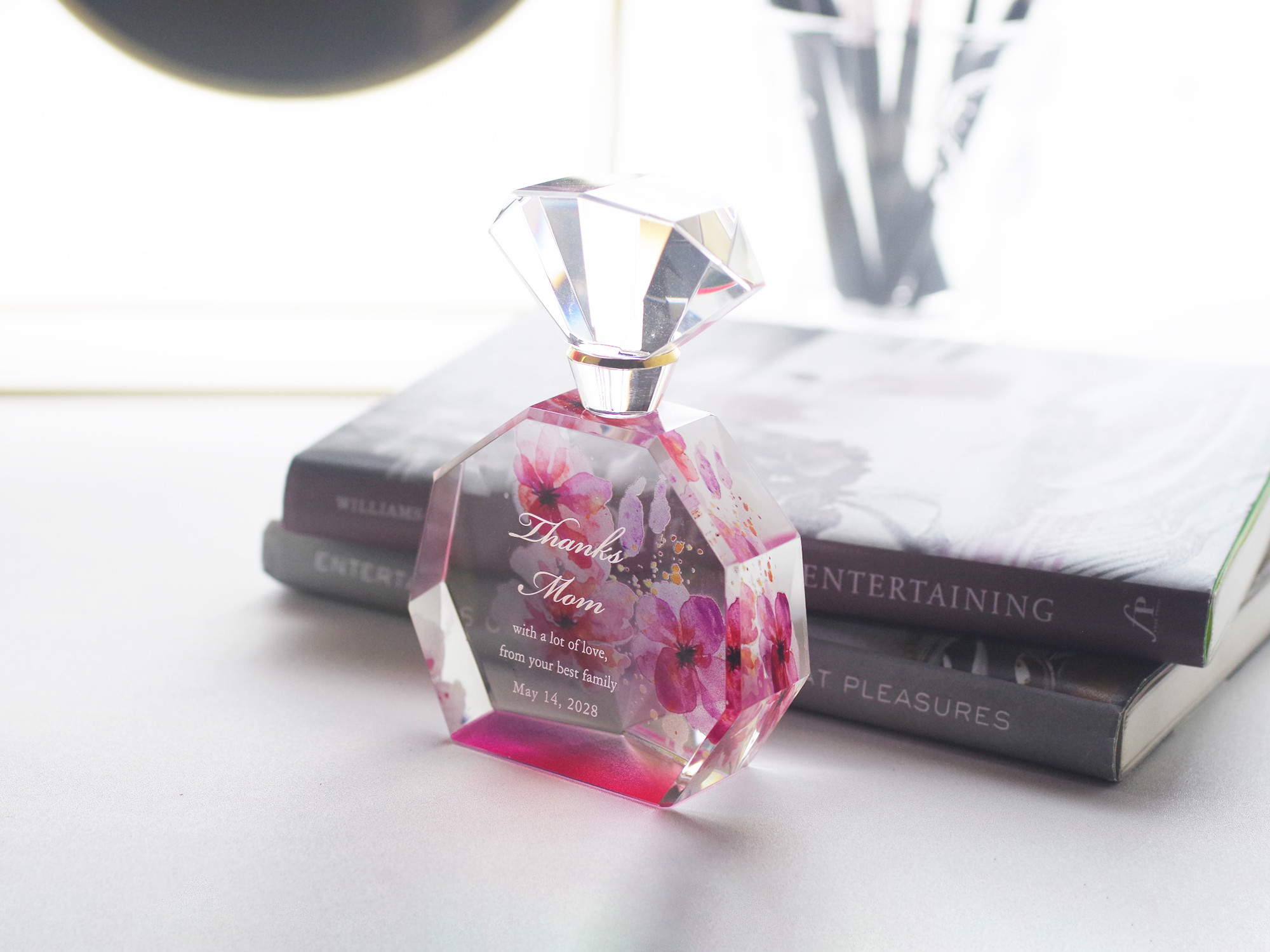 名入れできるガラスのオブジェ ・ レタードクリスタル／ 水彩花／ピンク／LC-oc-pk／Creema限定商品