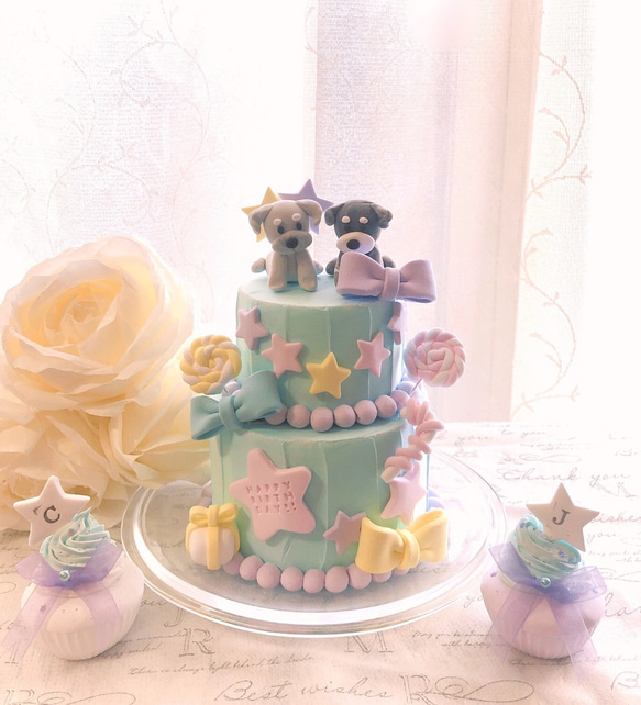 犬用お誕生日ケーキ♡バースデーフォトに♡ クレイケーキ　＆カップケーキ付き 1枚目の画像