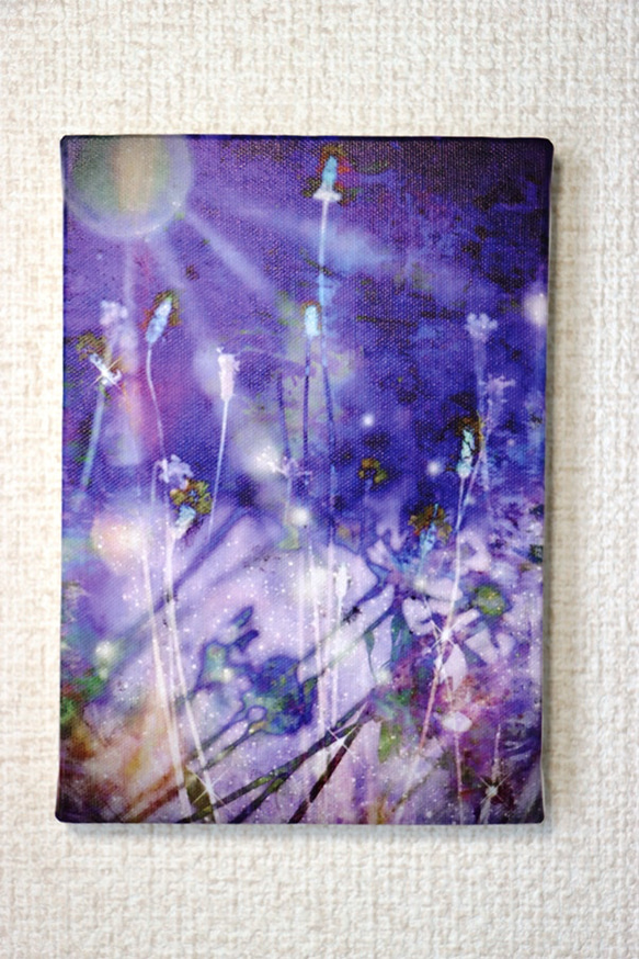 「満月の夜に」Ａ５サイズ　キャンバスプリント　アート　幻想的　インテリア　満月　夜　紫　自然　光　青　コンパクト 2枚目の画像