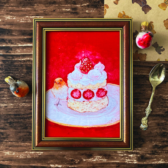 2L版 額縁付き複製画 いちごのケーキ /アートプリント インテリア 鳥