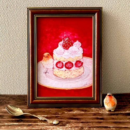 2L版 額縁付き複製画 いちごのケーキ /アートプリント インテリア 鳥