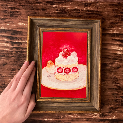2L版 額縁付き複製画 いちごのケーキ /アートプリント インテリア 鳥