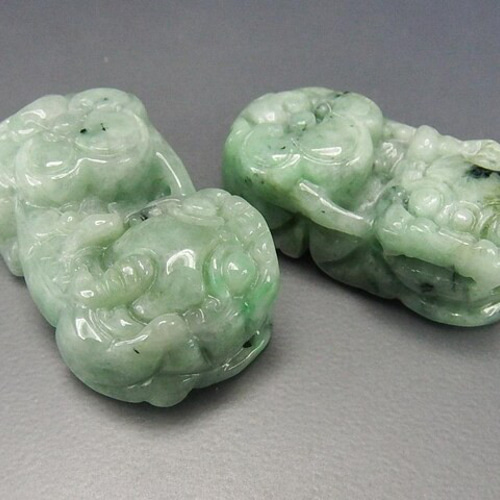 一点物逸品天然石本翡翠ジェダイト如意ヒキュウ彫刻ペア置物風水