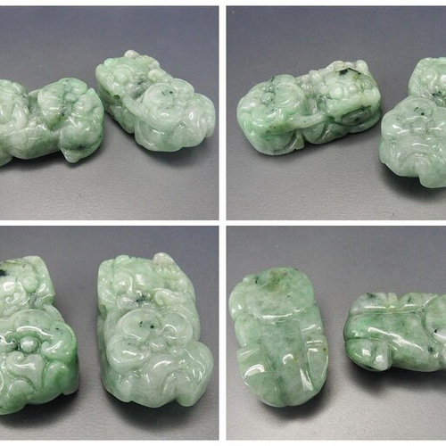 一点物逸品天然石本翡翠ジェダイト如意ヒキュウ彫刻ペア置物風水