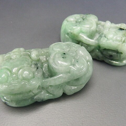 一点物逸品天然石本翡翠ジェダイト如意ヒキュウ彫刻ペア置物風水