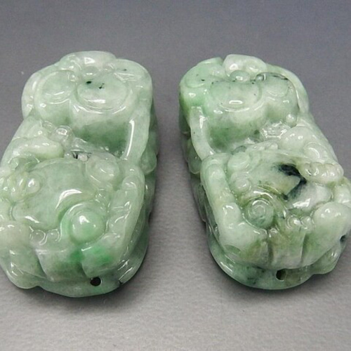 一点物逸品天然石本翡翠ジェダイト如意ヒキュウ彫刻ペア置物風水