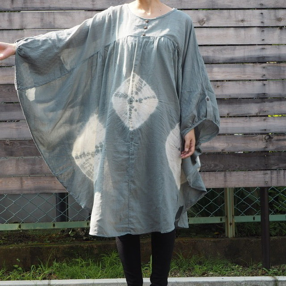 【SALE】絞り染めチュニック ポンチョ コットン100 100 Dyed Tunic Cotton　one－piec 8枚目の画像